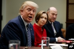 President Donald Trump, accompanied by Cape Cod Five Cents Savings Bank CEO Dorothy Savarese, center, and National Economic Council Director Gary Cohn, speaks during a meeting with leaders from small community banks, Thursday, March 9, 2017, in the Roosevelt Room of the White House in Washington.