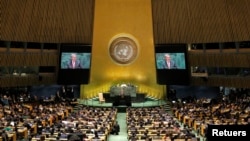 联合国秘书长安东尼奥·古特雷斯 2019 年 9 月在纽约联合国总部举行的联合国大会上发表主旨演讲。