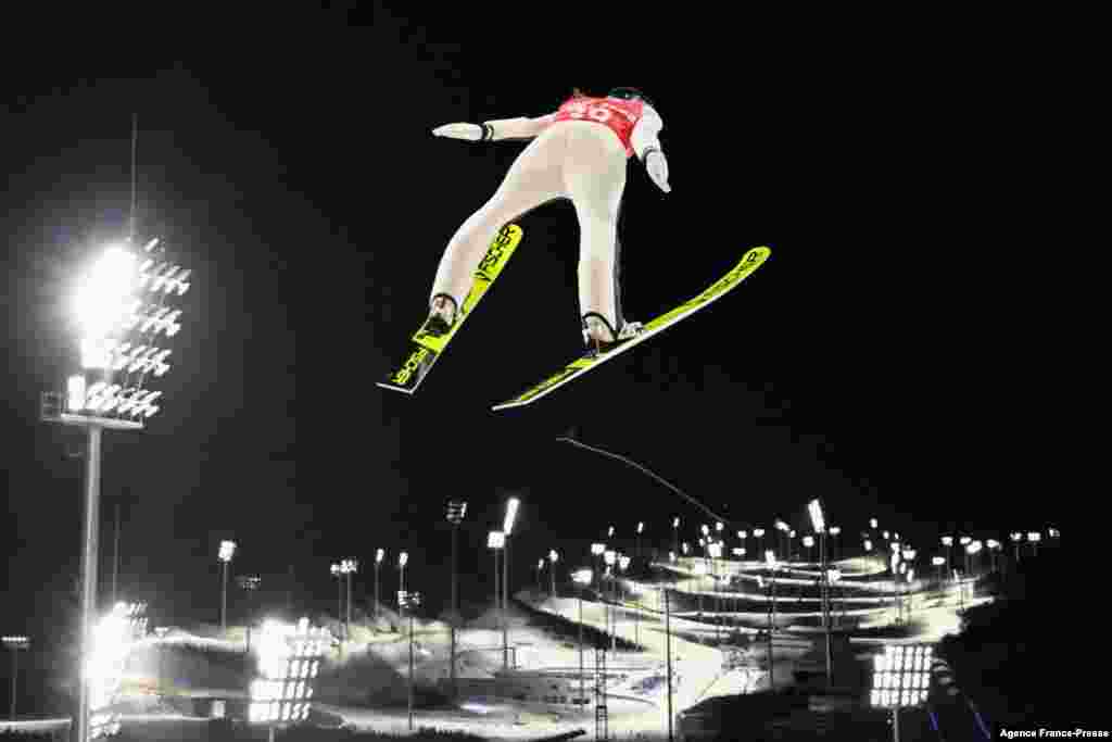 Slovenia&#39;s Ursa Bogataj practices during the Ski Jumping Women&#39;s Normal Hill official training 1, at the Zhangjiakou National Ski Jumping Center ahead of the Beijing 2022 Winter Olympic Games.