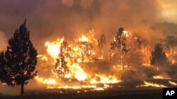In this photo released July 6, 2018, by the California Highway Patrol, the Klamathon Fire burns in Hornbrook, California. 