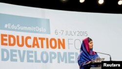 Nobel Peace Prize winner Malala Yousafzai speaks during the Oslo Summit on Education for Development at Oslo Plaza in Oslo, Norway, July, 7, 2015.
