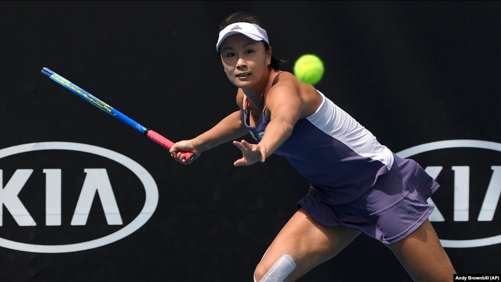 FILE - China's Peng Shuai makes a forehand return to Japan's Nao Hibino during their first round singles match at the Australian Open tennis championship in Melbourne, Australia, Tuesday, Jan. 21, 2020.