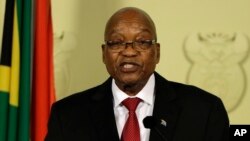 FILE - Jacob Zuma addresses the nation and press at the government's Union Buildings in Pretoria, South Africa, Feb. 14, 2018. Zuma said he will resign "with immediate effect."