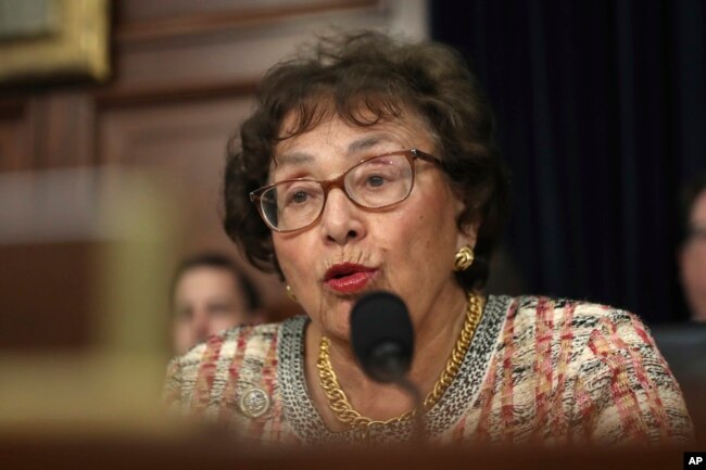 FILE - Rep. Nita Lowey, D-N.Y., Chairwoman of the full committee, speaks before hearing from Attorney General William Barr, as he appears before a House Appropriations subcommittee to make his Justice Department budget request, April 9, 2019.