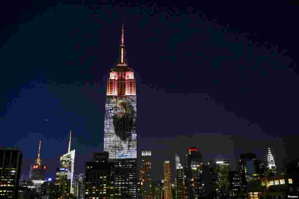 An image of Cecil the lion is projected onto the Empire State Building as part of an endangered species projection to raise awareness, in New York, Aug. 1, 2015. 