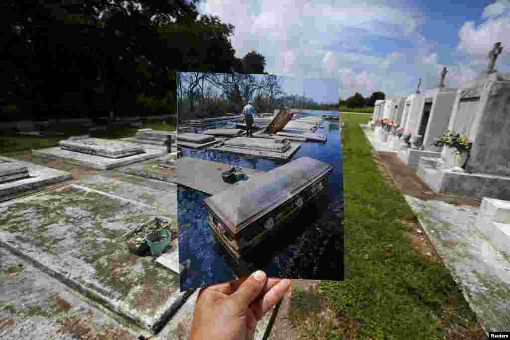 Fotografer Carlos Barria memegang foto yang ia ambil tahun 2005 setelah serangan Badai Katrina, memasangkannya dengan lokasi yang sama 10 tahun kemudian, di New Orleans, Louisiana (18/8). ​Foto yang dipegangnya menunjukkan peti-peti jenazah dikeluarkan dari makam (10 September 2005) setelah Badai Katrina menghantam. (Reuters/Carlos Barria TPX)