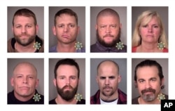 These photos provided by the Multnomah County Sheriff's Office and the Maricopa County Sheriff's Office show eight people involved in the occupation of the headquarters of the Malheur National Wildlife Refuge in Oregon, who were arrested Jan. 26, 2016. To