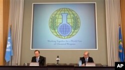 联合国秘书长潘基文2013年4月在日内瓦取缔化学武器组织总部