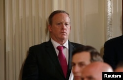 White House press secretary Sean Spicer attends a joint news conference held by U.S. President Donald Trump and Colombian President Juan Manuel Santos at the White House, May 18, 2017.