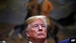 FILE - President Donald Trump attends a ceremony before signing an executive order establishing the White House Opportunity and Revitalization Council, in the Roosevelt Room of the White House.