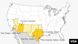 The top five areas in 2013 for migrants crossing into the U.S.: 1. Rio Grande Valley, Texas; 2. Tucson, Arizona; 3. Laredo, Texas; 4. San Diego, California; 5. Del Rio, Texas. Source: U.S. Customs and Border Protection