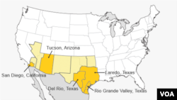 The top five areas in 2013 for migrants crossing into the U.S.: 1. Rio Grande Valley, Texas; 2. Tucson, Arizona; 3. Laredo, Texas; 4. San Diego, California; 5. Del Rio, Texas. (Source: U.S. Customs and Border Protection)