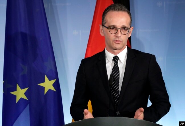 FILE - German Foreign Minister Heiko Maas addresses the media in Berlin, Germany, Nov. 27, 2018.