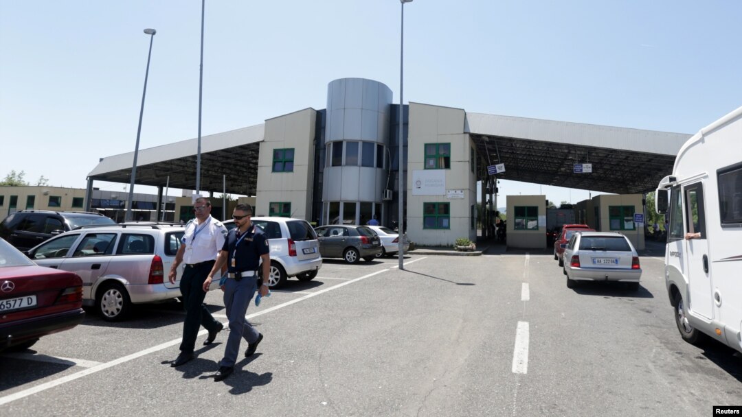 The European Border and Coast Guard Agency known as FRONTEX police patrol the area near Albania-Montenegro Crosspoint in Shkodra, Albania, June 6, 2018.