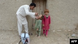 FILE - An Afghan health worker administers polio vaccine to a child during a campaign at a refugee camp on the outskirts of Jalalabad in Nangarhar province, May 11, 2015. 