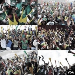 Yon montaj foto fanatik divès peyi kap jwe vuvuzela (twonpèt an plastik) nan match Koup dimond Fifa 2010 Afrik Di Sid la