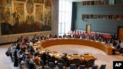 联合国安理会成员齐聚联合国安理会会议厅，讨论叙利亚问题（2019年4月30日）。