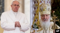 FILE - In this file photo combination Russian Orthodox Patriarch Kirill, right, serves the Christmas Mass in the Christ the Savior Cathedral in Moscow, Russia, on Jan. 7, 2016 and Pope Francis prays during an audience at the Vatican on Jan. 30, 2016. 