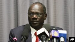 South Sudanese information minister, Michael Makuei Lueth attends a press conference in Addis Ababa, Jan. 5, 2014.