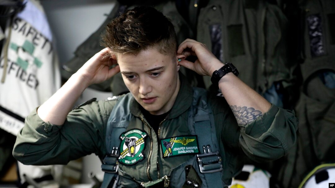 Lt. Jennifer Sandifer, a fighter pilot from Texas, prepares to launch from the U.S.S. Dwight D. Eisenhower aircraft carrier toward targets in Iraq and Syria, Nov. 22, 2016.