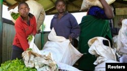 FILE - A youth delivers tea leaves for weighing in Nandi Hills, in Kenya's highlands region west of capital Nairobi, Nov. 5, 2014. 