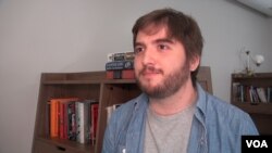 Dillon Magrann-Wells writes screenplays for action and comedy films from the shared workspace for writers at The Hatchery Press near Hollywood, California. (M. O'Sullivan/VOA)