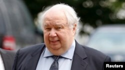 FILE - Russian Ambassador to the U.S. Sergei Kislyak arrives at the State Department in Washington, July 17, 2017.