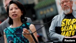 FILE - Local Democratic leader Jenny Low speaks at a rally against Asian hate crime following an unprovoked attack on an Asian woman, in Manhattan's Chinatown district in New York City, June 2, 2021.