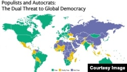 ພາບຖ່າຍຈາກຈໍພາບ ບົດລາຍງານປະຈຳປີ 2016 ຈັດທຳໂດຍ ອົງການ Freedom House ທີ່ມີຫົວຂໍ້ "Populists and Autocrats: The Dual Threat to Global Democracy," ວັນທີ 31 ມັງກອນ 2017.