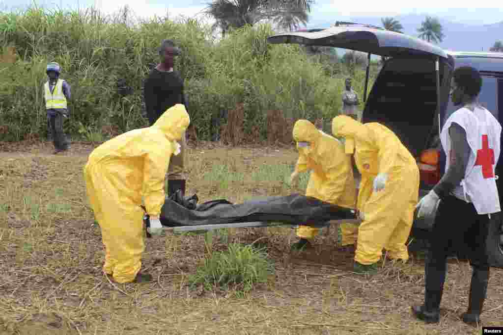 Health workers carry the body of an Ebola victim in the Waterloo district of Freetown, Sierra Leone, Oct. 21, 2014.