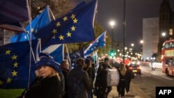 Anti-Brexit supporters hold European Union flags as they demonstrate outside the Houses of Parliament on Jan. 14, 2019. 