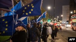 Anti-Brexit supporters hold European Union flags as they demonstrate outside the Houses of Parliament on Jan. 14, 2019. 