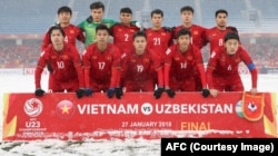 FILE - The Vietnam soccer team is seen before the match with Uzbekistan, Jan. 27, 2018.