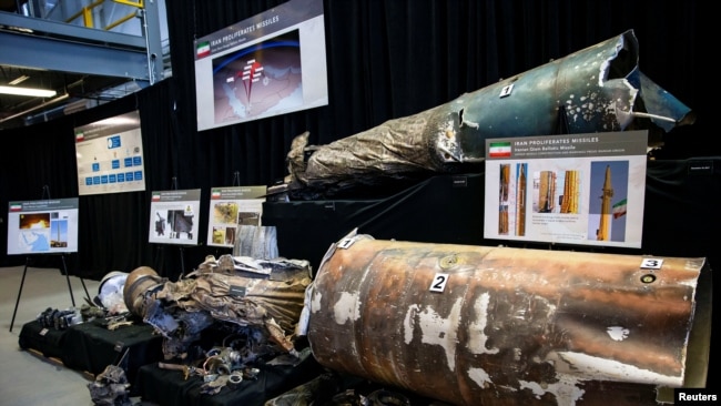FILE - A U.S. Department of Defense exhibit shows a Qiam ballistic missile manufactured in Iran, at a military base in Washington, Nov. 29, 2018.