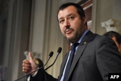 Matteo Salvini, leader of the far-right party "Lega" (League) speaks to the press after a meeting with Italian President Sergio Mattarella as part of consultations of political parties to form a government, on May 14, 2018 at the Quirinale palace in Rome.