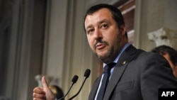 FILE - Matteo Salvini, leader of the far-right party "Lega" (League), speaks to the press after a meeting with Italian President Sergio Mattarella as part of consultations of political parties to form a government, on May 14, 2018, at the Quirinale palace in Rome.
