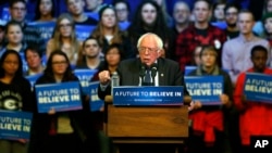 Democratic presidential candidate Sen. Bernie Sanders of Vermont addresses the crowd at a campaign rally at the University of Wisconsin-Eau Claire, April 2, 2016.