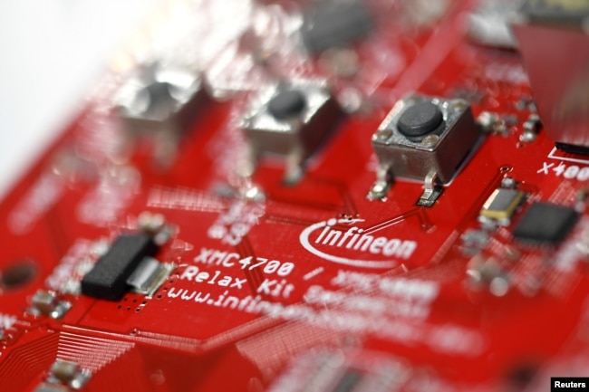 A close-up of the Infineon microcontroller kit XMC 4700 is pictured at an exhibition during the German semiconductor manufacturer Infineon's annual shareholder meeting in Munich, Feb. 21, 2019.