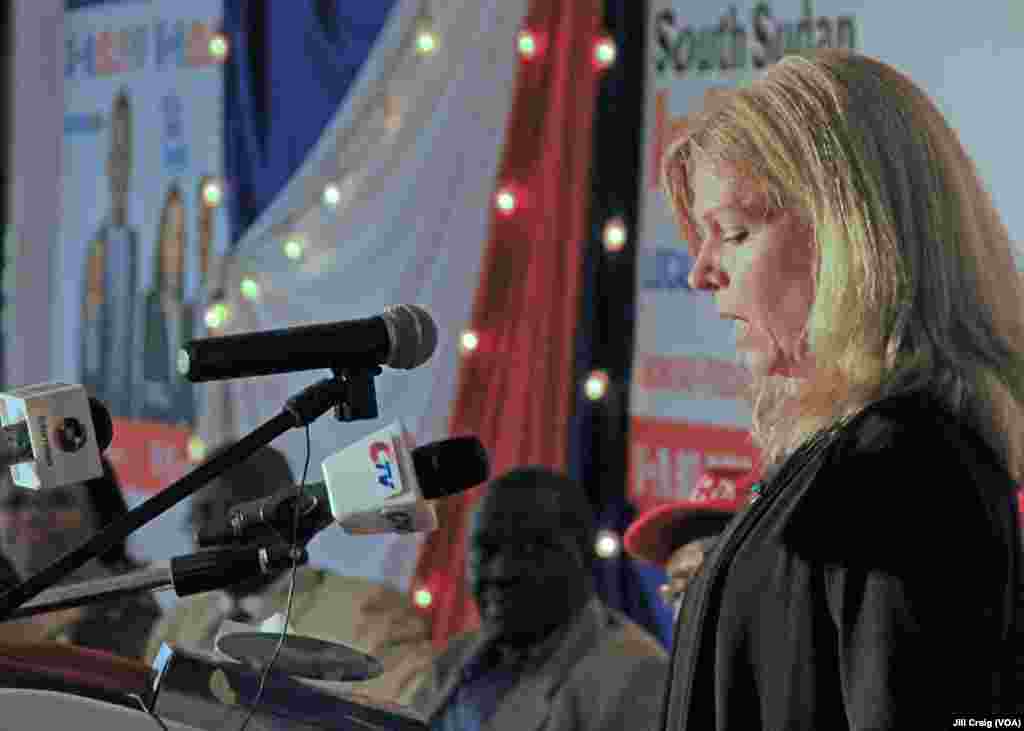 Voice of America's chief of English to Africa programs, Sonya Laurence Green, speaks at the launch of the new FM radio transmitter in Juba, South Sudan, on Thursday, March 21, 2013. (VOA/Jill Craig)