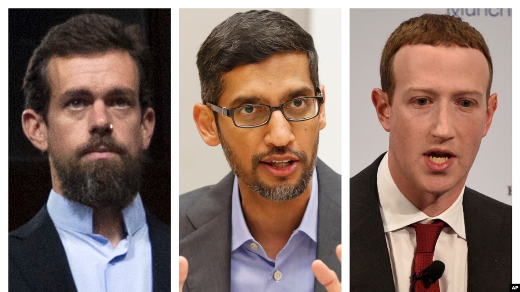 硅谷互联网巨头左起：推特首席执行官多西，谷歌首席执行官皮查伊，脸书首席执行官扎克伯格