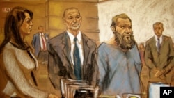 In this courtroom sketch, Muhanad Mahmoud Al Farekh, third from left, appears in federal court in New York April 2, 2015. Authorities say he traveled from Canada to Pakistan to train with al-Qaida, planning to kill American soldiers.