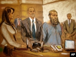 In this courtroom sketch, Muhanad Mahmoud Al Farekh, with beard, appears in federal court in New York April 2, 2015. Authorities say he planned to kill American soldiers.