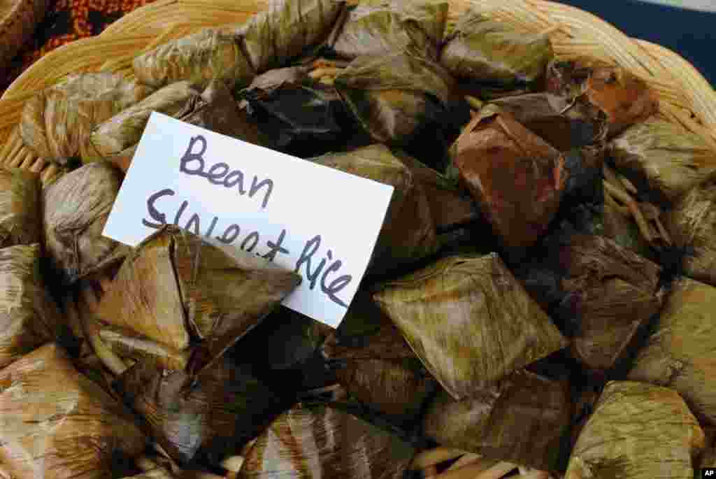 A traditional Cambodian cake on display.