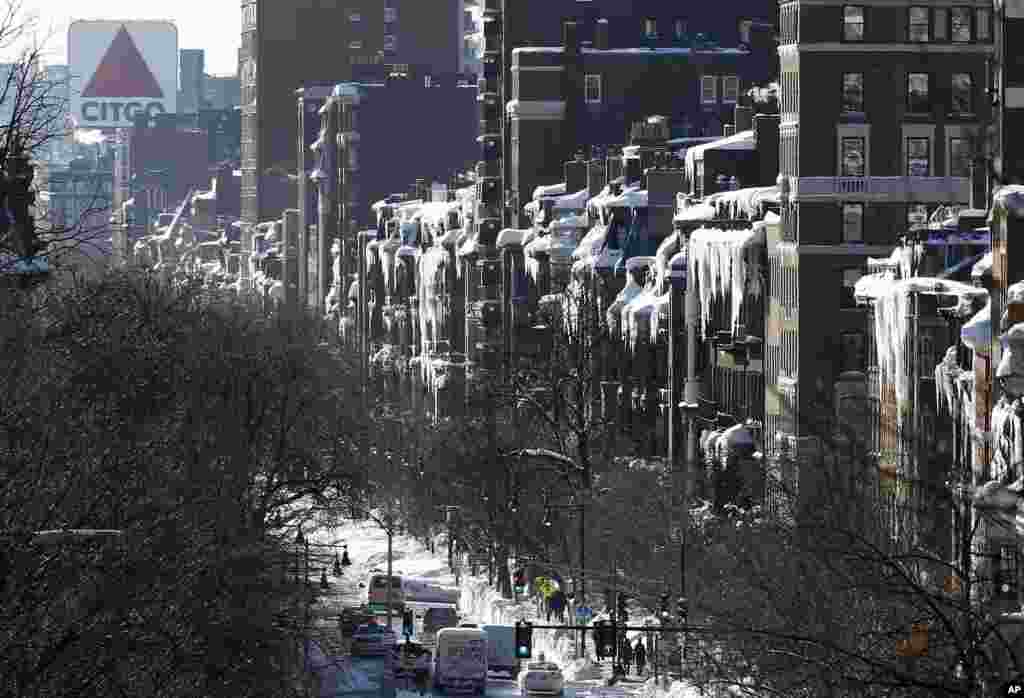 Ice hangs from buildings on Beacon Street in Boston, Massachusetts, Feb. 16, 2015.