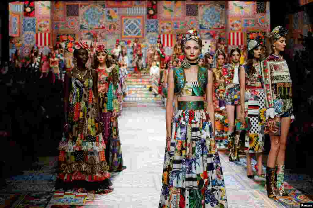 A model presents a creation from the Dolce &amp; Gabbana Spring/Summer 2021 women&#39;s collection during Fashion Week in Milan, Italy, Sept. 23, 2020. (Dolce &amp; Gabbana/Handout)