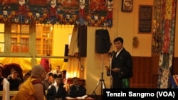 Sikyong Lobsang Sangay addressing the crowd gathered at Tsuglakhang temple in Dharamsala on November 14, 2012