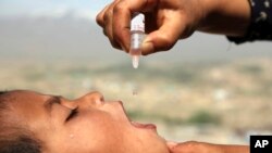 An Afghan health worker vaccinates a child as part of a campaign to eliminate polio, on the outskirts of Kabul, Afghanistan, April 18, 2017.