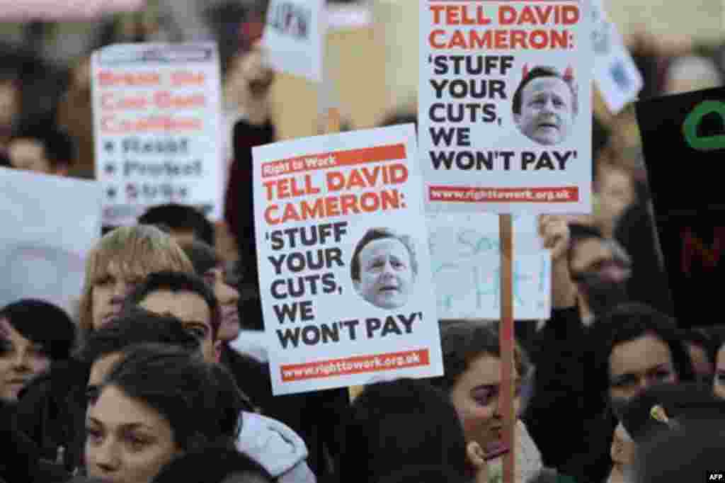 Thousands of students gathered at Trafalgar Square in London to protest against tuition fees, Wednesday, Nov. 24, 2010. Several thousand students protested against government plans to triple tuition fees, two weeks after a similar demonstration sparked a 