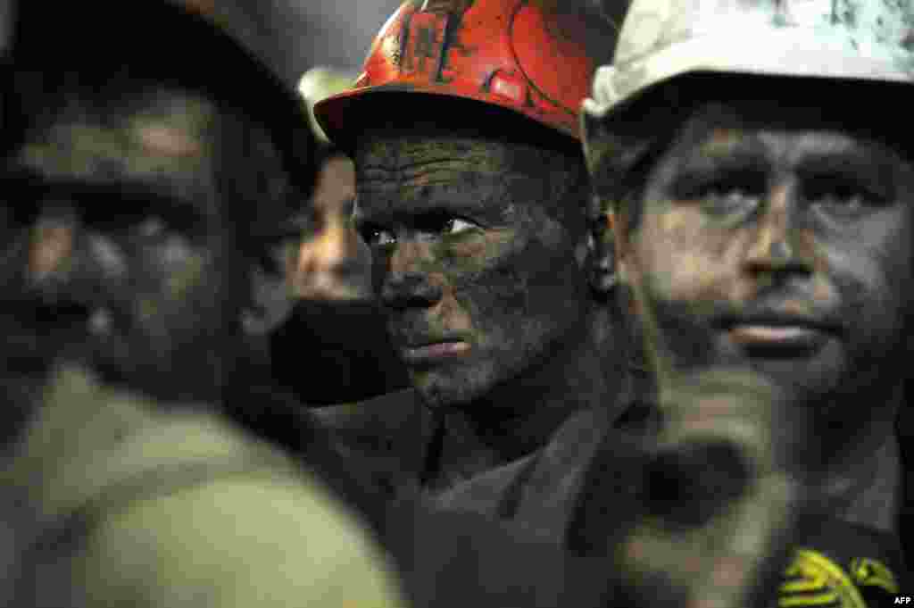 Coal miners leave the Zasyadko mine following their work shift in the eastern Ukrainian city of Donetsk. Donetsk is part of the Donbass coal mining region, which has been hit by separatists protests in recent weeks.