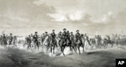 Union General William T. Sherman and his men are shown advancing on Savannah in this 1886 lithograph.